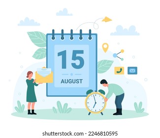 Calendar app for time planning vector illustration. Cartoon tiny people plan events of week or month with spiral paper calendar with number of date on page, characters holding clock and envelope