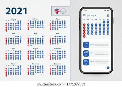 Calendar application for Smartphone. Vector calendar 2021 week starts from Sunday, English language. Vector illustration.