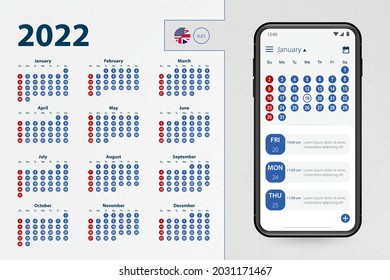 Calendar application for Smartphone. Vector calendar 2022 week starts from Sunday, English language. Vector illustration.