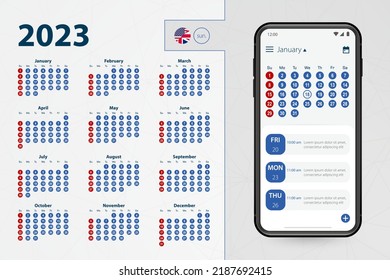 Kalenderanwendung für Smartphone. Vektor Kalender 2023 Woche beginnt Sonntag, englische Sprache. Vektorgrafik.