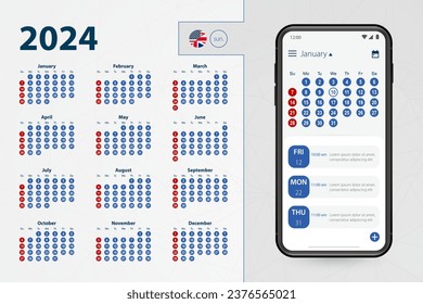 Aplicación de calendario para Smartphone. El calendario vectorial 2024 semana comienza el domingo, en inglés. Ilustración vectorial.