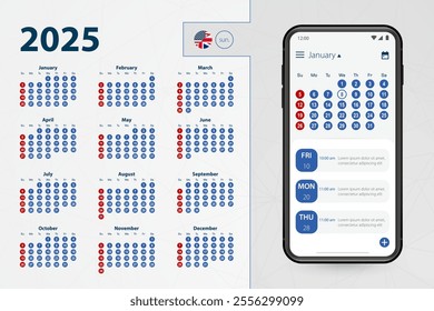 Calendar application for Smartphone. Vector calendar 2025 week starts from Sunday, English language. Vector illustration.