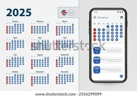 Calendar application for Smartphone. Vector calendar 2025 week starts from Sunday, English language. Vector illustration.