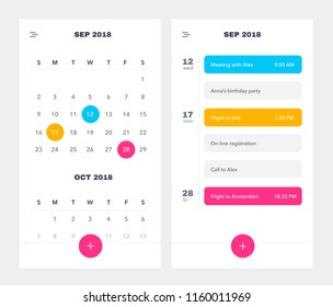 Calendar Application template With To Do List and Tasks UI UX. Design For Mobile Phone. To Do App UI. Event Calendar Application. EPS 10