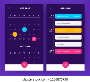 Calendar Application template With To Do List and Tasks UI UX. Design For Mobile Phone. To Do App. Event Calendar Application in purple color. EPS 10