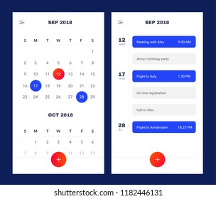 Calendar Application template With To Do List and Tasks UI UX. Design For Mobile Phone. To Do App UI. Event Calendar Application. EPS 10