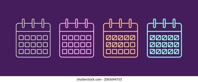 Calendar or appointment schedule flat silhouette icon set in cyber punk neon pink orange blue colours and white including passed date symbol	
