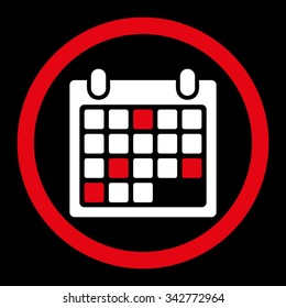 Calendar Appointment vector icon. Style is bicolor flat rounded symbol, red and white colors, rounded angles, black background.