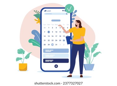 Calendar appointment - Woman project manager planning and scheduling workweek and work month in calendar on mobile phone. Flat design vector illustration with white background