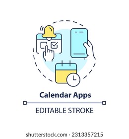 Icono de concepto de aplicaciones de calendario. Gestión del tiempo. Trabajo en equipo. Calendario de contenido. Aumentar la productividad. Ilustración de línea delgada de idea abstracta del gestor de tareas. Dibujo de contorno aislado. Trazo editable