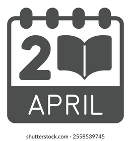 Calendar april 2 page with book solid icon, children book day holiday concept. Vector graphics. Appointment sign on white background, glyph style icon for mobile or web design