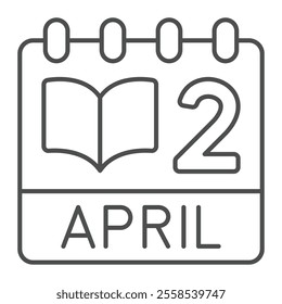 Calendar april 2 page with book thin line icon, children book day holiday concept. Vector graphics. Appointment sign on white background, outline style icon for mobile or web design