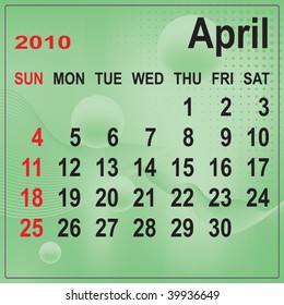 Calendar of April 2010 on abstract background. Week begins with Sunday. Vector illustration. Gradient mesh include.