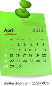 Calendar for april 2013 on green sticky note attached with green pin. Sundays first. Vector illustration