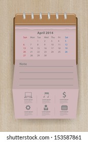 Calendar april 2014, Creative folded paper with business icon on wood texture background, workflow layout, diagram, step up options, web banner template, Vector illustration modern template design