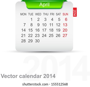 Calendar April 2014. Vector.