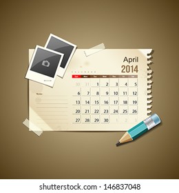 Calendar April  2014, vintage paper note, vector illustration