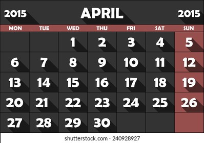 Calendar for April 2015, flat, with long shadow. Sunday fields in Marsala color.  