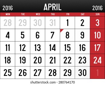 Calendar for April, 2016