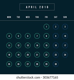 Calendar April 2016 vector design template - Minimalism Style