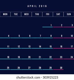 Calendar April 2016 vector design template - Minimalism Style