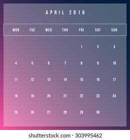 Calendar April 2016 vector design template - Minimalism Style