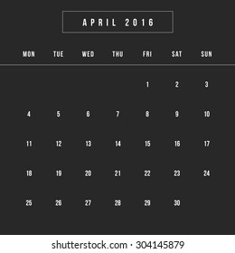 Calendar April 2016 vector design template - Minimalism Style