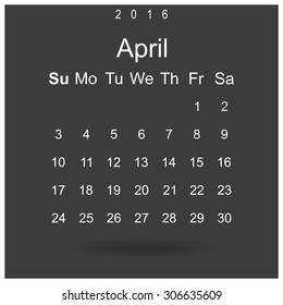Calendar April 2016 vector design. Week starts from Sunday.