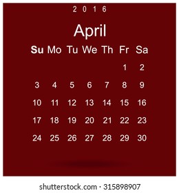 Calendar April 2016 vector design. Week starts from Sunday.