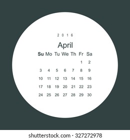 Calendar April 2016 vector design. Week starts from Sunday.