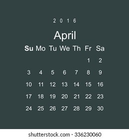 Calendar April 2016 vector design. Week starts from Sunday.