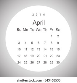 Calendar April 2016 vector design. Week starts from Sunday.