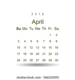 Calendar April 2016 vector design. Week starts from Sunday.