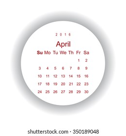 Calendar April 2016 vector design. Week starts from Sunday. icon