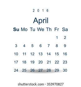 Calendar April 2016 vector design. Week starts from Sunday. icon