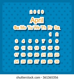 Calendar April 2016 vector design. Week starts from Sunday. icon, vector illustration. Modern design. Flat design style