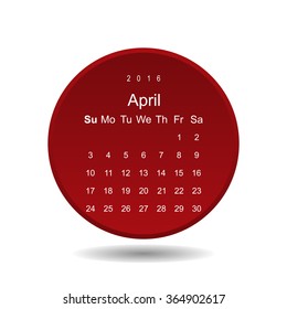 Calendar April 2016 vector design. Week starts from Sunday. icon, vector illustration. Modern design. Flat design style