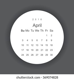 Calendar April 2016 vector design. Week starts from Sunday. icon, vector illustration. Modern design. Flat design style