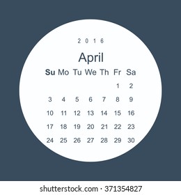 Calendar April 2016 vector design. Week starts from Sunday. icon