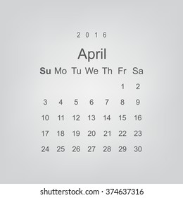Calendar April 2016 vector design. Week starts from Sunday.