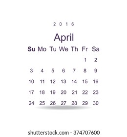 Calendar April 2016 vector design. Week starts from Sunday. icon