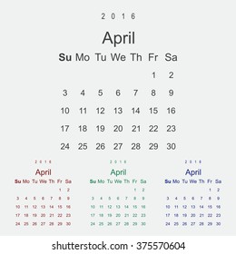 Calendar April 2016 vector design. Week starts from Sunday.