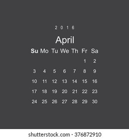 Calendar April 2016 vector design. Week starts from Sunday.