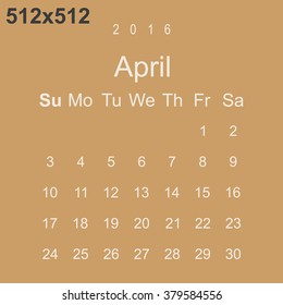 Calendar April 2016 vector design. Week starts from Sunday.