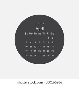 Calendar April 2016 vector design. Week starts from Sunday.