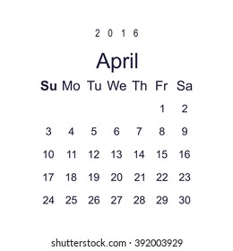 Calendar April 2016 vector design. Week starts from Sunday.