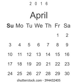 Calendar April 2016 vector design. Week starts from Sunday.