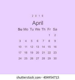 Calendar April 2016 vector design. Week starts from Sunday.