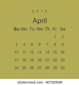 Calendar April 2016 vector design. Week starts from Sunday.