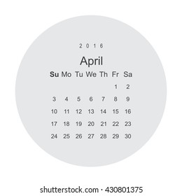 Calendar April 2016 vector design. Week starts from Sunday.